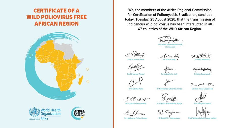 Certificate of polio eradication by the Africa Regional Commission for Certification of Polio Eradication