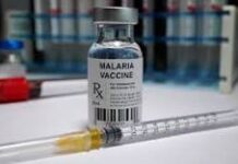 picture of a vial labelled malaria vaccine and a syringe that is capped