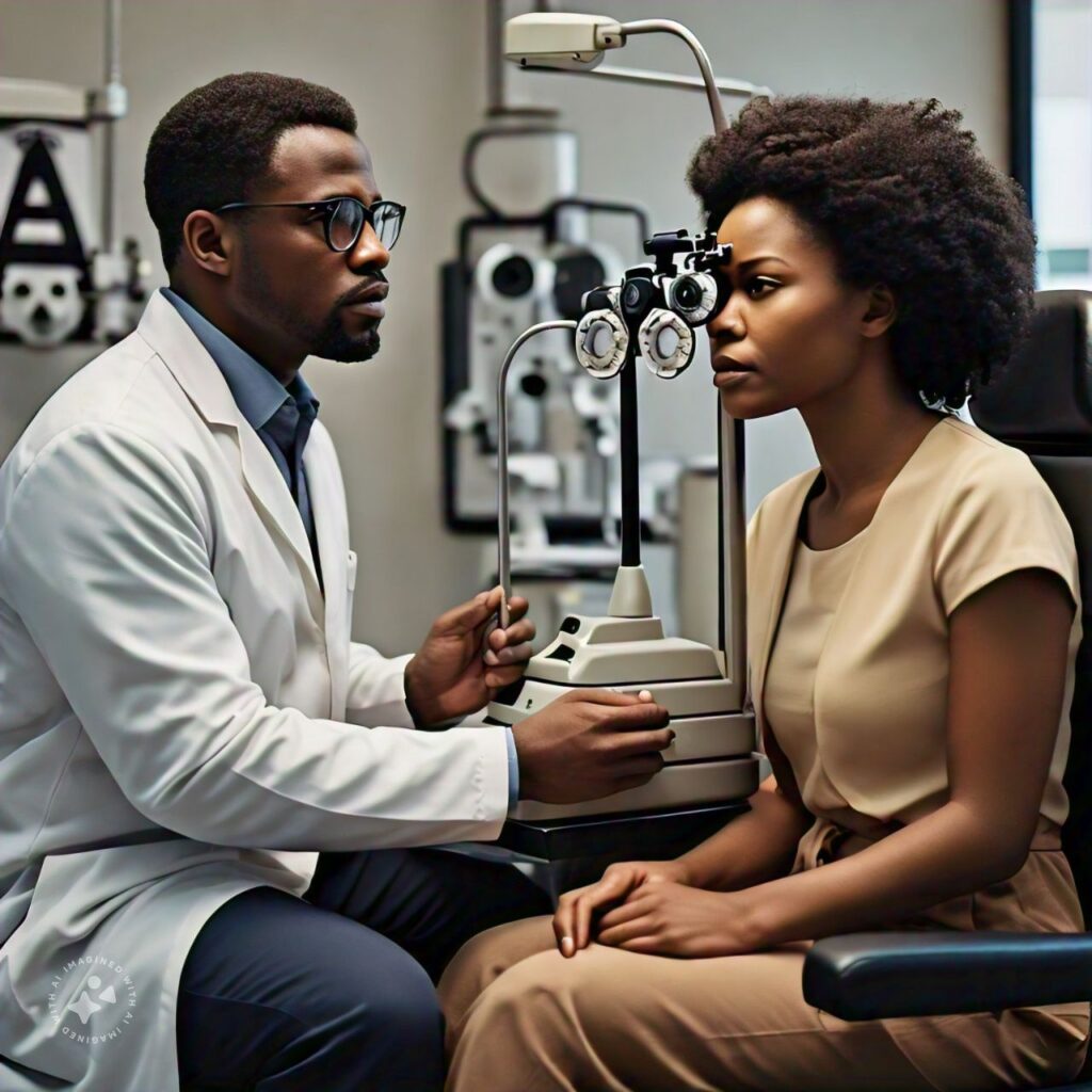 woman undergoing eye exam for anti-blue light lenses