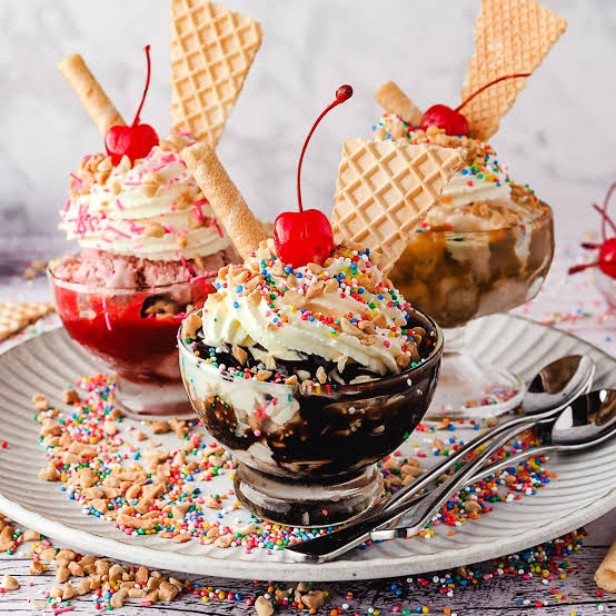 Ice cream sundaes, a junk food
