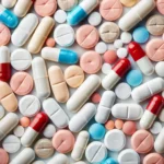 DALL·E 2024-11-21 14.29.47 – A collection of antibiotic pills placed neatly on a white background. The pills are of various shapes and sizes, with some being capsules (red and whi