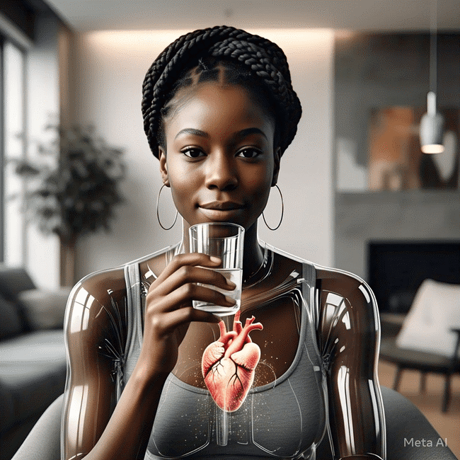 A black woman taking a cup of water to improve her heart function