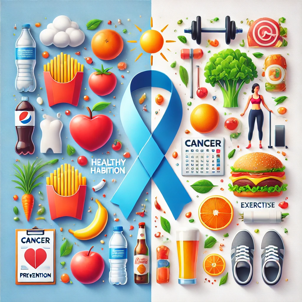 **"A split-design concept image illustrating cancer prevention through lifestyle choices. One side shows unhealthy habits like junk food, smoking, and alcohol, while the other side highlights healthy habits such as fruits, vegetables, exercise, and water. 