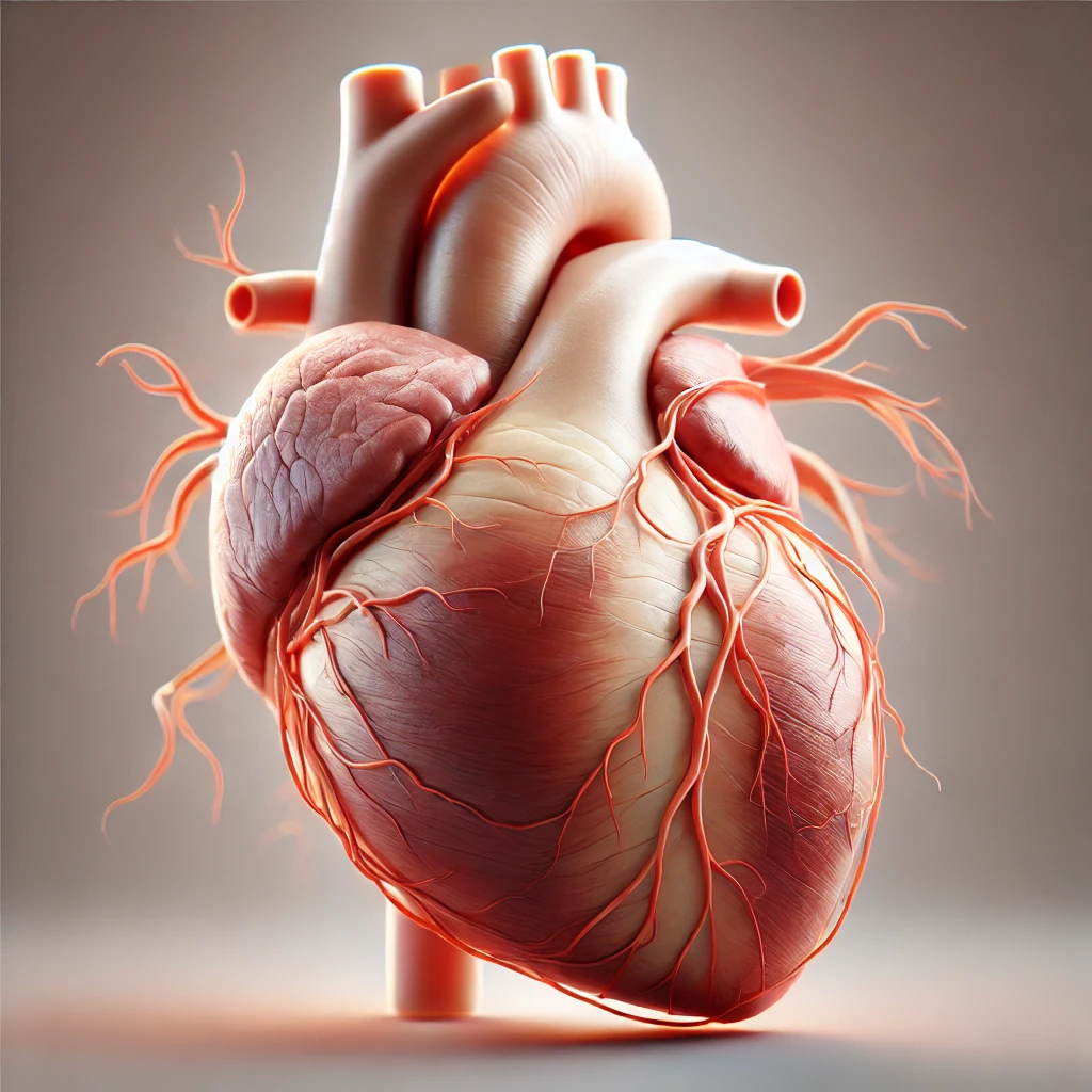 A 3D rendering of a human heart, showcasing detailed textures, veins, and arteries. The heart has a natural reddish tone and is set against a neutral medical background, emphasizing its anatomical accuracy.