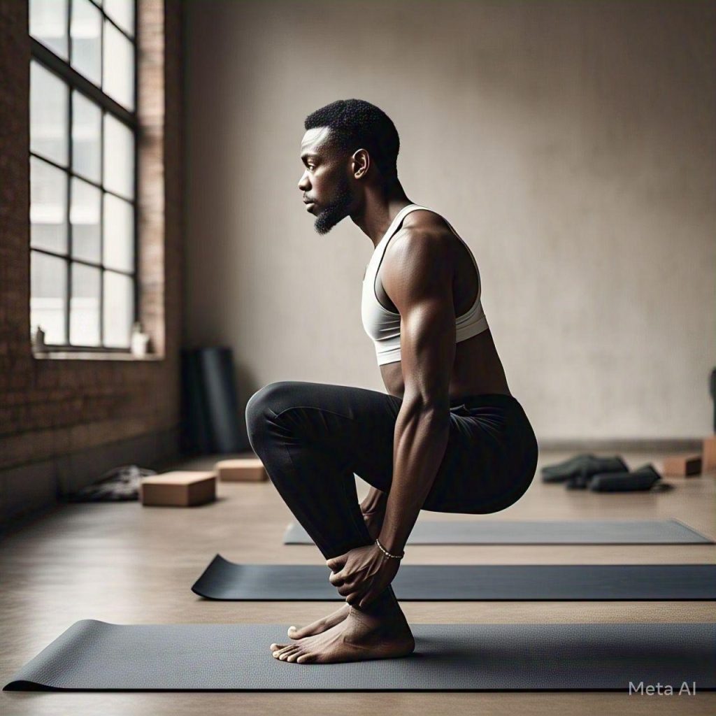 Black man squatting in the yoga chair pose