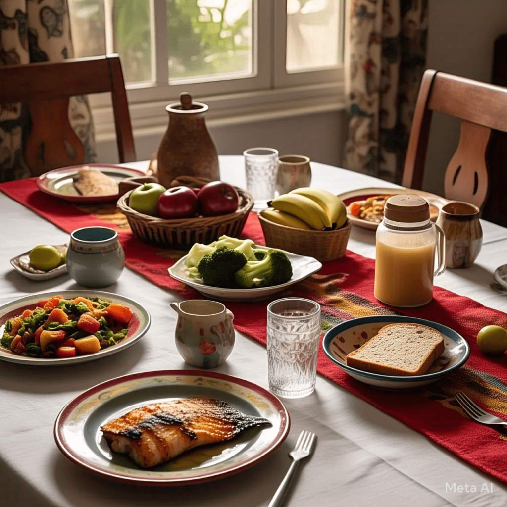 A dinning table wishes plates of fruits, vegetables, fish and a jar of fruit juice