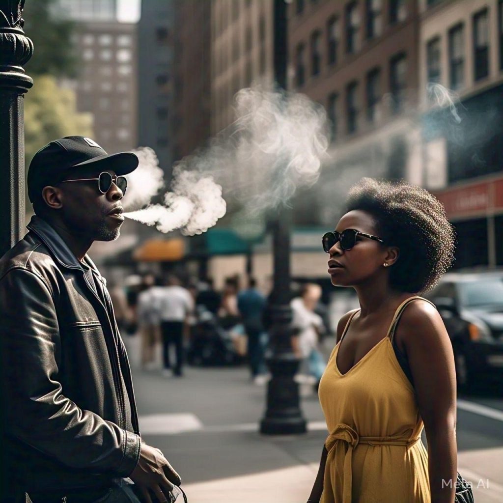 A man smoking in a public space and  a woman walking past him