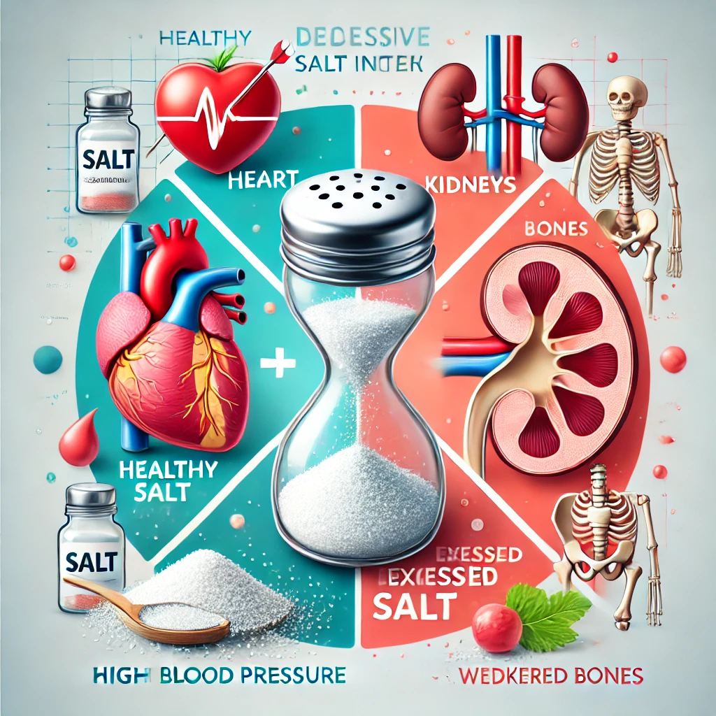 Illustration of salt’s effects on health, showing balanced intake vs. risks like high blood pressure, kidney strain, and weak bones.