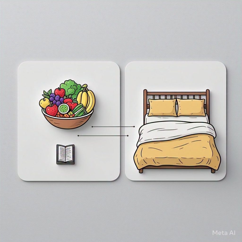 A bowl of food and a bed showing the link between nutrition and sleep