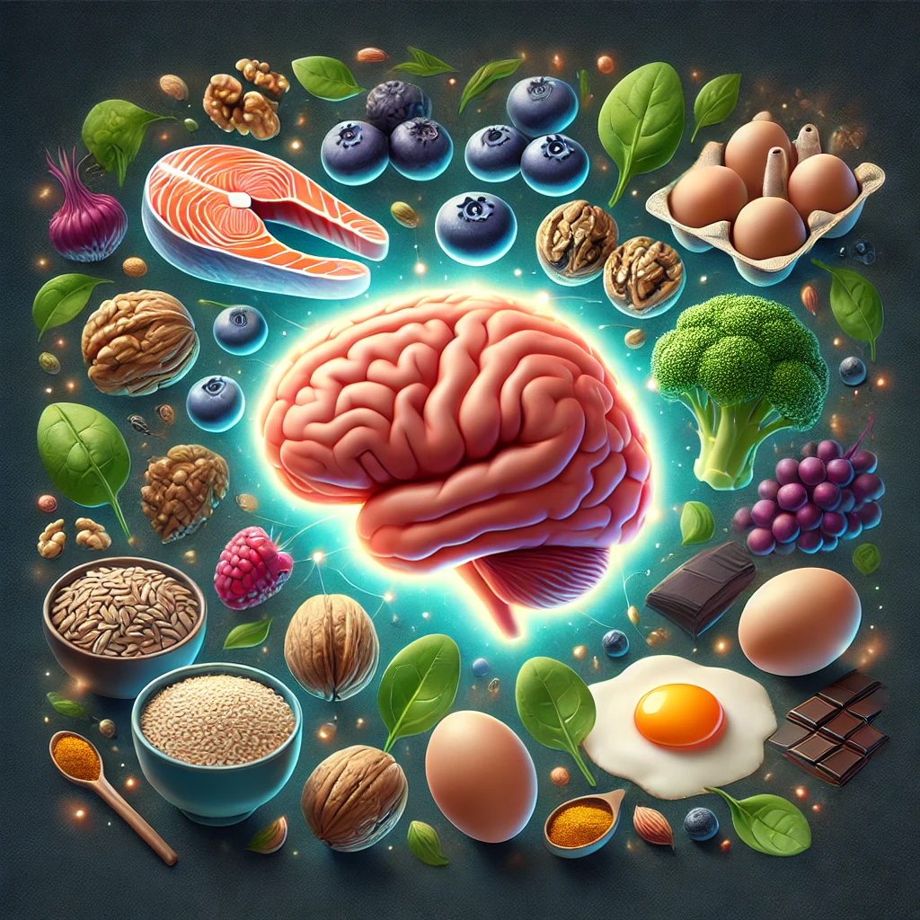 Brain-boosting foods arranged around a glowing human brain, symbolizing cognitive enhancement. 