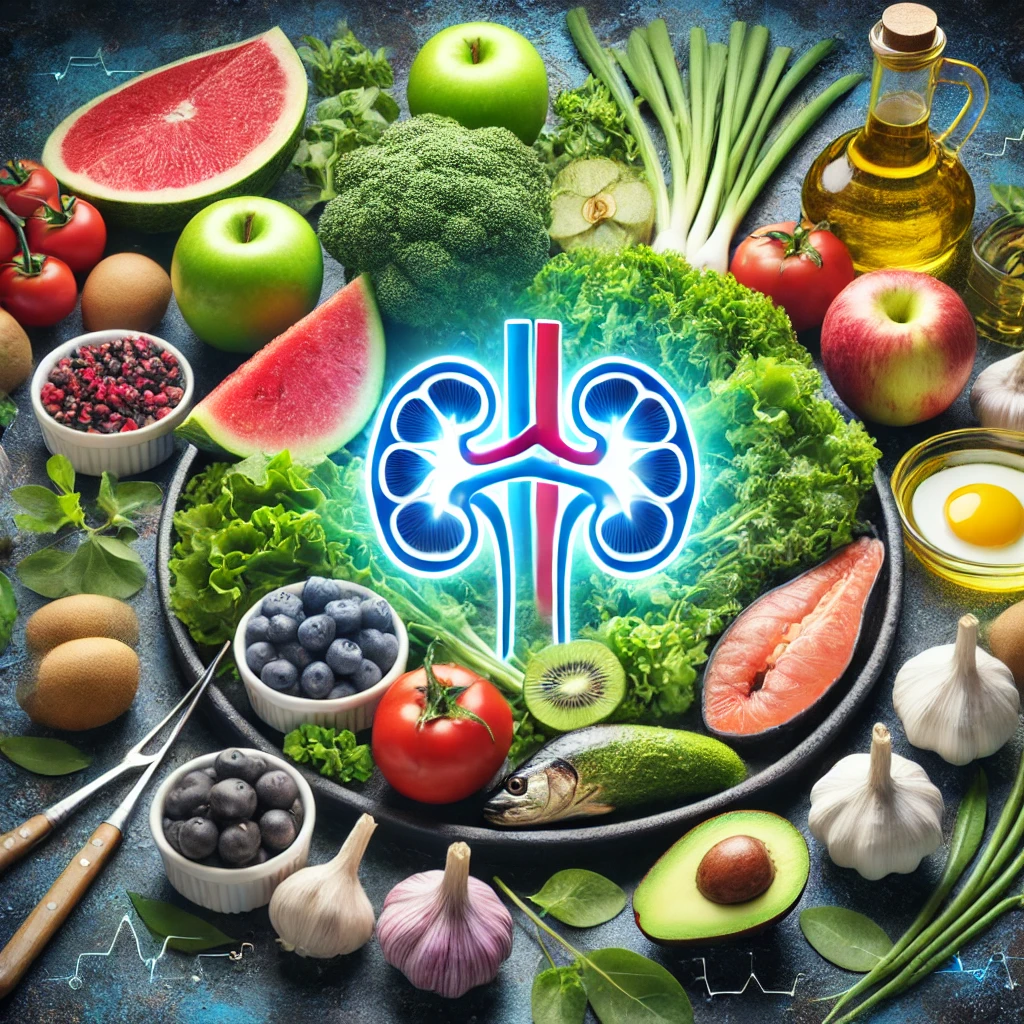 A vibrant display of kidney-friendly foods like berries, leafy greens, and fish, with a glowing kidney icon in the background