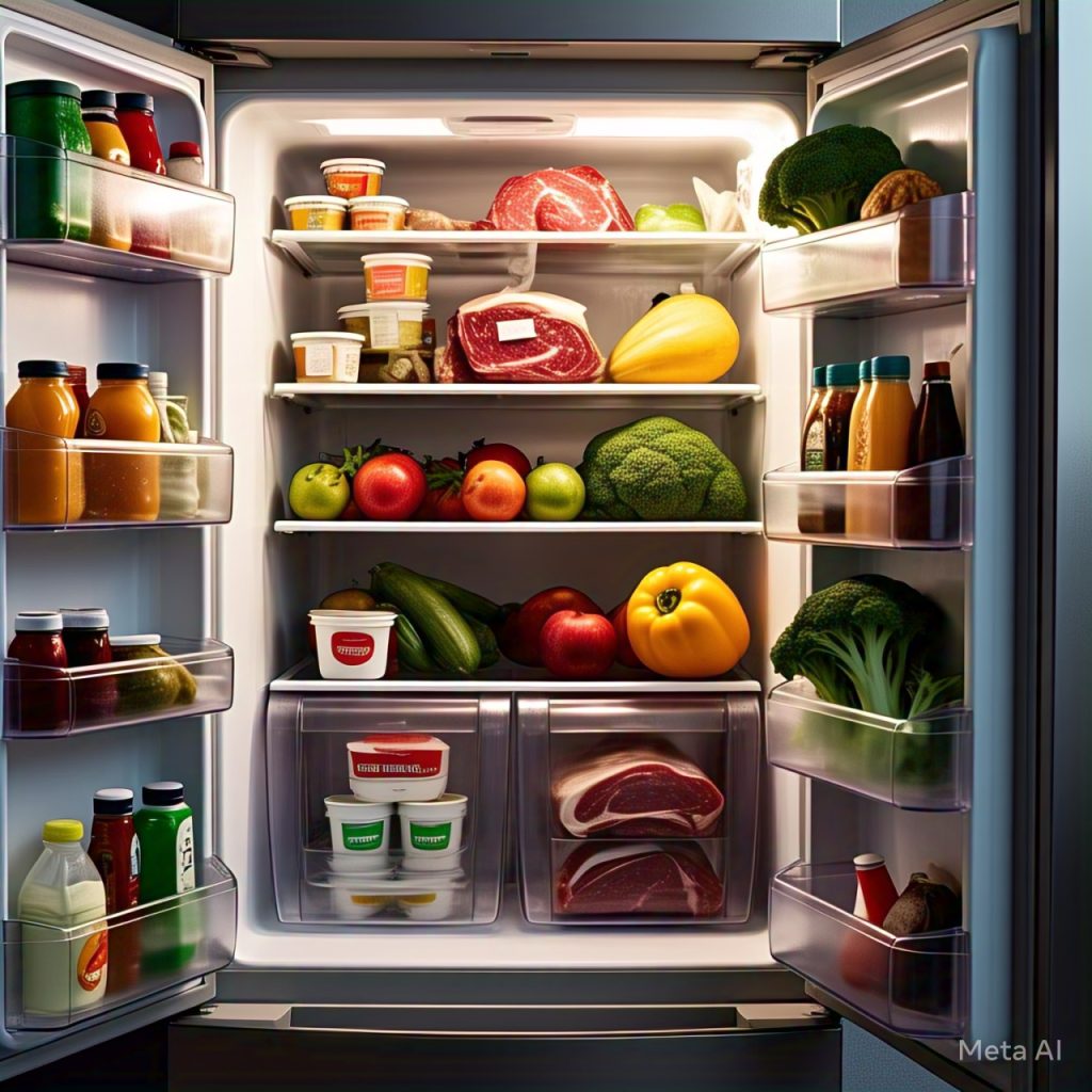 A refrigerator filled with healthy foods such as vegetables , fruit juices, lean meat 