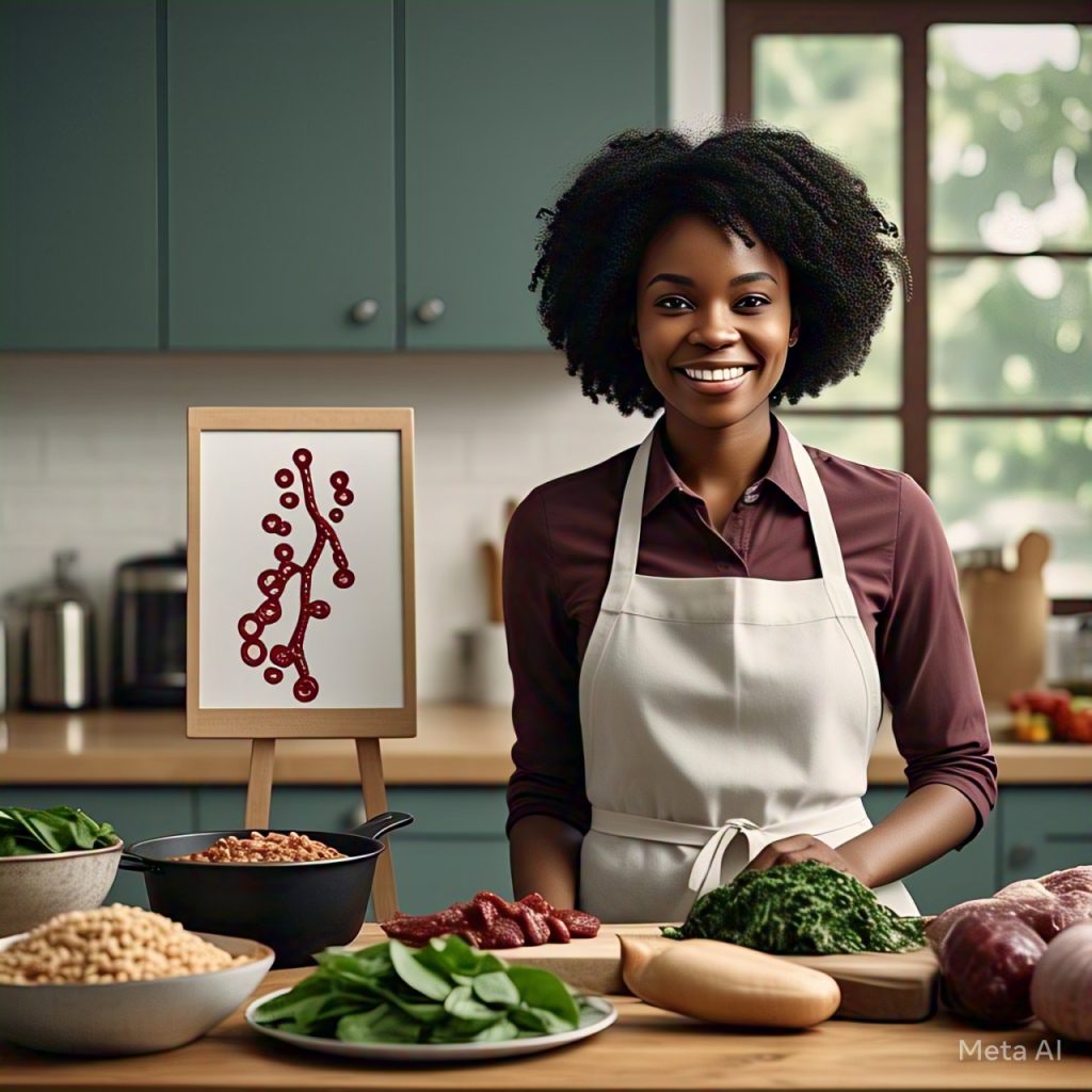 A woman with food sources of iron on her kitchen table