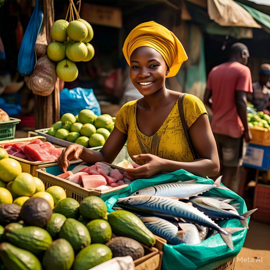 A market woman selling tuna, salmon which provide omega 3