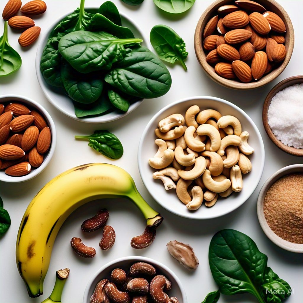 A plate filled with nuts, vegetables and bananas for magnesium 