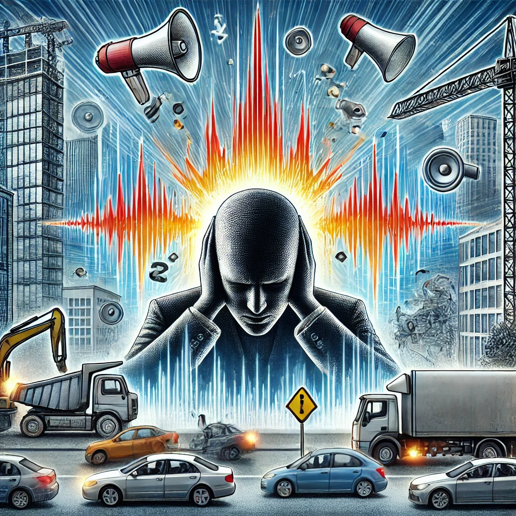 A dramatic conceptual illustration of noise pollution affecting hearing health. A person is covering their ears while surrounded by loud city noises, including honking cars, construction work, and loudspeakers. Bright jagged lines represent intense sound waves approaching the person's ears, emphasizing the overwhelming impact of noise pollution in an urban environment.