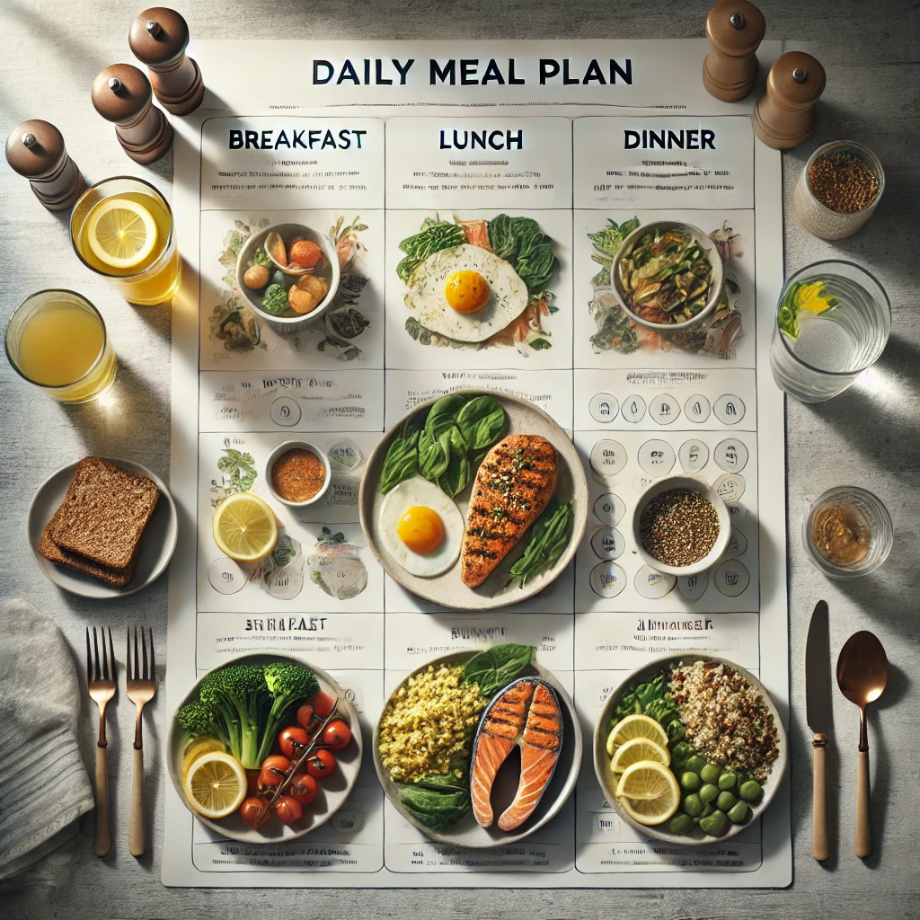 A card of healthy mean plan showing breakfast, lunch and dinner options