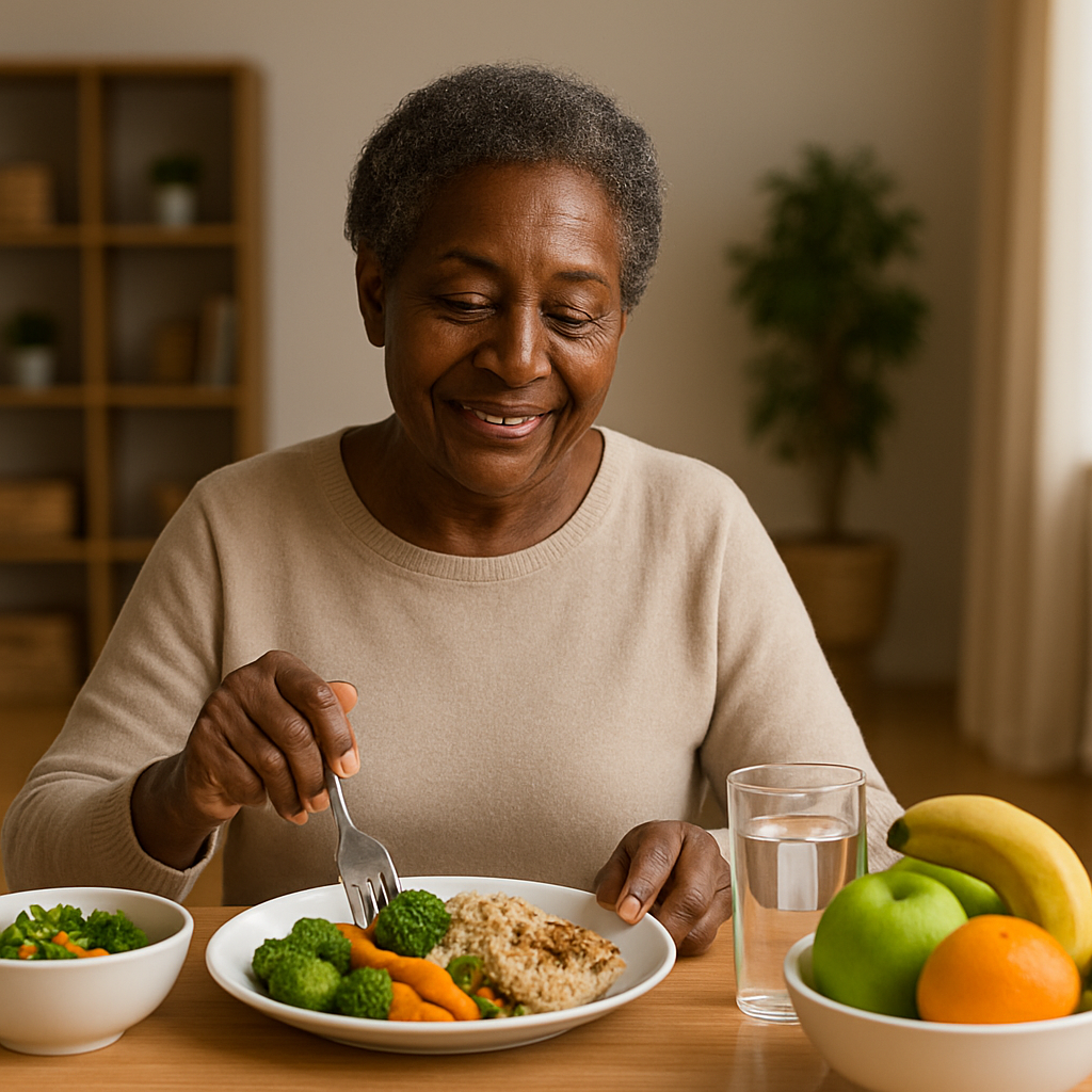An older Black woman sits at a kitchen table, smiling as she prepares a healthy meal. Fresh fruits and vegetables surround her.