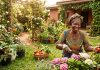 an active and healthy elderly woman in a garden
