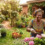 an active and healthy elderly woman in a garden