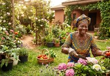 an active and healthy elderly woman in a garden
