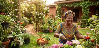 an active and healthy elderly woman in a garden