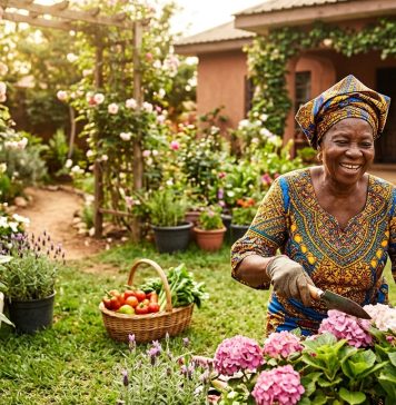 an active and healthy elderly woman in a garden
